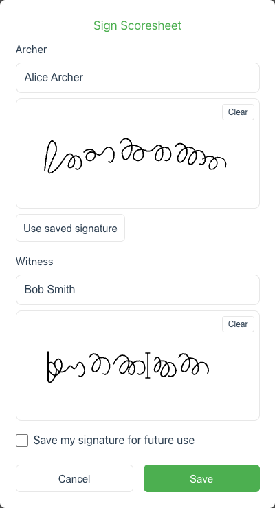 Signature modal with archer and witness sections